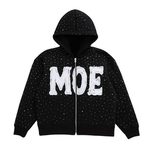 Sudaderas con capucha de invierno para hombre al por mayor, con cremallera, bordado de diamantes de imitación, logotipo frontal personalizado, 100% algodón, estilo streetwear y2k gótico - Product Image 1