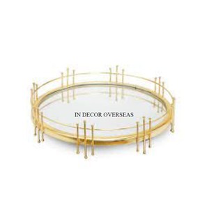 Bandeja de espejo de forma redonda enmarcada de diseñador único chapado en oro de metal de primera calidad para dulces y chocolates que sirven desde la India - Product Image 1