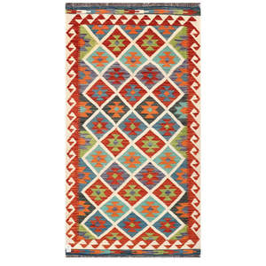 Alfombra Kilim de Maimana, Afganistán, 203 x 108 cm, Obra de Arte para Colgar en la Pared - Product Image 1