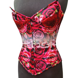 Corset en satin imprimé roses rouges, bustier romantique à baleines en acier pour l'amélioration de la silhouette, vente en gros, fabricant et fournisseur - Product Image 3