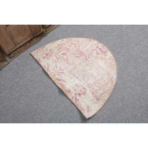 Alfombra Turca Vintage de 2.4x1.4 pies, Diseño Patchwork, Lana Beige con Base de Látex, Ecológica, Pelo Medio, para el Hogar - Product Image 1