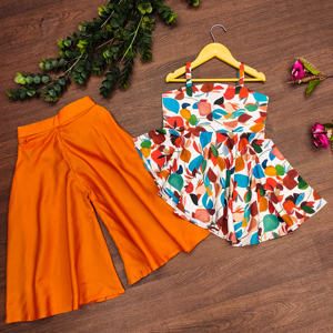 Shoryam Fashion Kurti à imprimé floral en tissu doux pour filles, coupe asymétrique, orange, palazzo |   Ensemble de 2 pièces pour enfants, vêtements ethniques d'été, pour les fêtes - Product Image 1