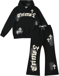 ชุดวอร์มแฟชั่นทรงขาบานแบบยูนิเซ็กซ์สำหรับผู้ชาย  ชุดเซ็ตเสื้อและกางเกงวอร์มทรงขาบาน ล้างสีแบบแอซิดวอช - Product Image 1