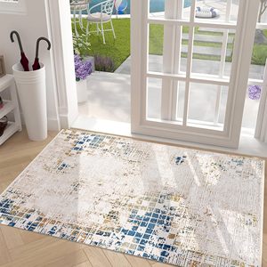 Tapis d'intérieur bohème contemporain beige-bleu à poils courts Netline 120x180cm pour salon, chambre, cuisine, couloir - Product Image 6