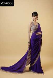 Lo último en ropa de fiesta para mujer, Sari Georgette de imitación con bordado elegante, Sari de trabajo con piezas de blusa de trabajo pesado para mujer, Sari - Product Image 4