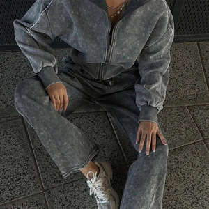 Sweat à capuche surdimensionné délavé à l'acide et pantalon de survêtement en éponge française personnalisée ensemble de jogging survêtement pour femmes lavées de haute qualité - Product Image 2