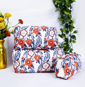 Multi-Color Floral Block Print Cotton for <b>Bag</b> Set Handmade Eco-Friendly <b>Large</b> Water Resistant Zipper Closure Vintage Case - Product Image 1