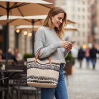 Sac à main de plage décontracté pour femmes, grande capacité, design rétro français, rayures horizontales, sac en coton tissé, poignées en faux bambou