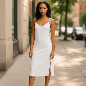 Robe fourreau midi en satin style simple avec bretelles à nouer, soutien-gorge intégré, décolleté en V fendu, tissu respirant et taille naturelle - Product Image 1