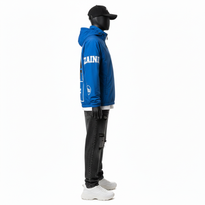 แจ็คเก็ตกันลมโพลีเอสเตอร์สำหรับผู้ชายสีฟ้าพร้อมแผงด้านหน้าและแขนเสื้อแจ็คเก็ตกันลมโลโก้ออกแบบได้ตามต้องการ - Product Image 5