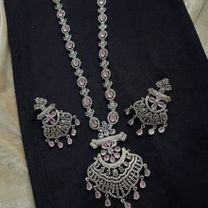 Fashionable and Fancy <b>Indian</b> Style American Diamond Studded Necklace With Earrings <b>Jewellery</b> <b>Set</b> Pendent <b>Set</b> for Women & Girls - Product Image 1