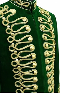 Blazer de costume pour homme vert doré tressé brodé, à double boutonnage, col montant, style hussard, pour performance scénique hivernale et uniforme de mariage - Product Image 6