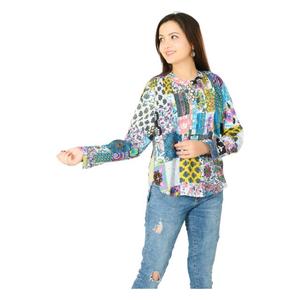 Hecho a mano Boho hippie pintuck tops ropa de verano camisas formales algodón bloque estampado Mujer blusa manga completa - Product Image 2