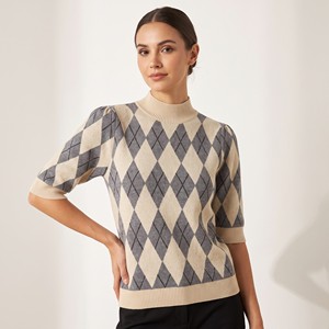 Fine-Knit <b>Argyle</b>-Patterned <b>Sweater</b> with Short Puff Sleeves, High Ribbed Collar, One Size Fits Sizes 36–42 - Product Image 1