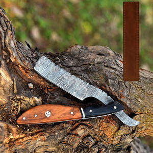 Maquinilla de afeitar recta de acero de Damasco hecha a mano estética con mango de madera Pakka negro y marrón hoja personalizada peluquero clásico exótico - Product Image 5