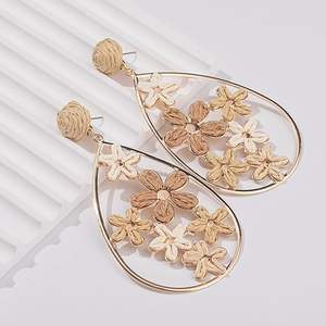Boucles d'oreilles créoles fleur larme Boho paille osier mignon Floral à la mode déclaration bijoux pour les femmes fête - Product Image 6