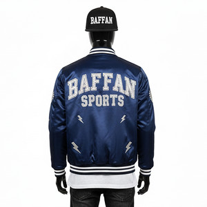 Veste universitaire en satin premium, tissu lisse et brillant, couleur marine, panneaux côtelés, logo brodé en chenille personnalisé, veste pour homme - Product Image 2