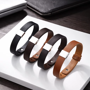 Custom Engraving Stainless Steel Leather Bracelet Handmade Genuine Leather Charm Wristband Adjustable Fashion Gift Jewelry - Product Image 1