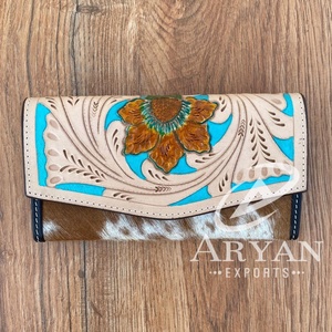 Sculpture À La Main Outillé Portefeuille Embrayage Téléphone Cas Élégant Multi Utilisations Western En Cuir Turquoise Couleur Fleur Portefeuille Pour Les Femmes - Product Image 1