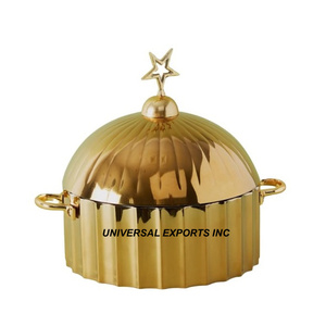 Gold Finished Hammered Hotpot Round Shape Tableware Handmade Casserole Hot Selling decorative Metal <b>Food</b> <b>Warmer</b> - Product Image 2