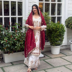 Rouge Rose Pakistanais Designer Traditionnel Georgette Salwar Kameez Entièrement Brodé Séquence Travail Ready-Made Wedding Party Wear - Product Image 1