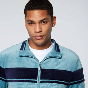 Custom Blue 100% Cotton Velour Windproof Tracksuit Set <b>Zip</b>-<b>Up</b> Jacket Pants Textured Design Contrast Stripes Solid Pattern Winter - Product Image 5