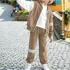 Trendy Brown Boy Conjunto de traje de Otoño de 2 piezas ColorBlock Manga larga Cremallera Sudadera con capucha y pantalones apilados a juego - Product Image 3