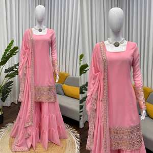 Ensemble Sharara en Georgette Foux très demandé avec Dupatta pour femmes, costume Sharara pakistanais pour l'exportation mondiale - Product Image 3