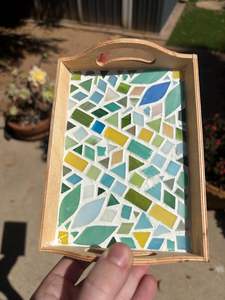 Plateau ottoman en bois avec poignée, mosaïque de verre décorative moderne, multifonctionnel, essentiel pour le salon, la cuisine, cadeau de pendaison de crémaillère - Product Image 4