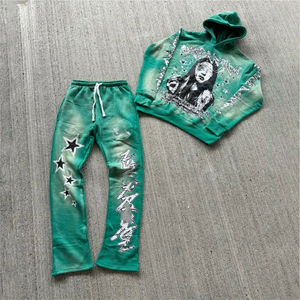 Personalizado hombres sólido ácido lavado transpirable chándal Vintage lavado sol desteñido DTG Impresión logotipo ligero Sudadera con capucha pantalones de chándal barato - Product Image 1