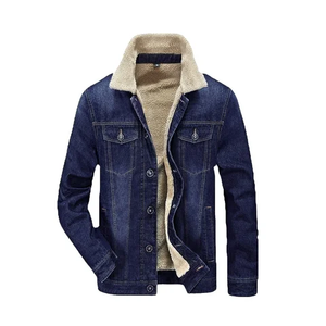 Manteau en jean vintage épais pour hommes, vêtements d'hiver lourds, veste de moto avec logo personnalisé et tissu denim tricoté à col roulé - Product Image 4