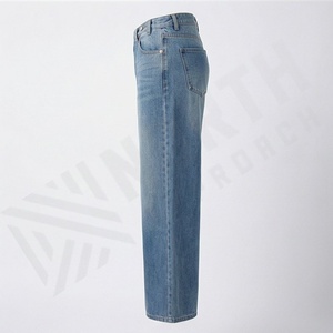 Jeans en denim taille haute pour femmes, fermeture éclair, jambe large, vintage, poches latérales, respirant, pantalon plat, streetwear pour femmes, couleur personnalisée - Product Image 3
