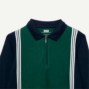 Polo à manches longues en coton avec panneau contrasté sportif personnalisé, fermeture éclair mi-longue, design à rayures athlétiques et tissu doux et confortable - Product Image 4