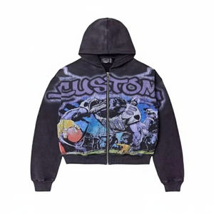 Sudadera con Capucha y Cremallera con Estampado Digital Personalizado, 500 GSM, Estilo Vintage Desgastado con Lavado Ácido, Corte Holgado y Recortado para Ropa Urbana - Product Image 1