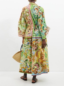 Robe longue bohème à imprimé floral avec col mandarin, manches lanternes, en mousseline de soie, longueur au sol, robe d'été décontractée pour femmes - Product Image 2