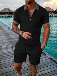 High Street Summer Transpirable Impreso Casual Polos Conjuntos Hombres Chándal Personalizado Camiseta y Conjunto Corto con Cremallera - Product Image 3