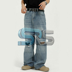 Jeans en denim délavé empilés pour hommes, pantalon ample style hip-hop, jeans bleu surdimensionné avec poches latérales, streetwear - Product Image 2