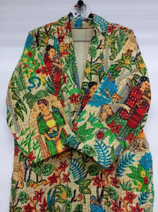Robe et veste Kantha faites à la main Manteau d'hiver à imprimé floral de style japonais avec veste universitaire Boho Tie Belt - Product Image 3