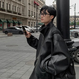 Veste imperméable américaine décontractée tendance en cuir véritable pour hommes, hiver, couleur unie, col montant, style de rue. - Product Image 6