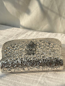Indian Fully Handcrafted <b>Silver</b> Antique Metal Evening <b>Clutch</b> with Chain Strap for Luxury Wedding Party Womens Handbag gift her - Product Image 4