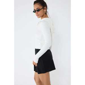 Casual Ecru Hooded Zip-Up Knit <b>Cardigan</b> <b>Crocheted</b> Acrylic with Long Short Lengths for Spring Summer Autumn Winter Seasons - Product Image 2