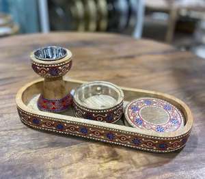 Arabic style Wooden <b>Oud</b> Incense burner holder with Hand Painted decorative tray Set Mubakhar & <b>Bakhoor</b> burner Set Home Decor - Product Image 3