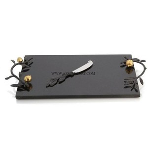 Plateau de service alimentaire en marbre massif de forme ovale, grand plateau d'aliments et de desserts avec poignée en aluminium - Product Image 6