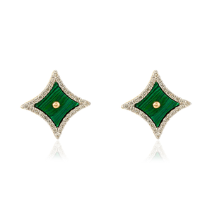 Boucles d'oreilles en or jaune et diamant K18 massif Malachite taille fantaisie bijoux à la mode fabriqués à la main pour les mariages des femmes fiançailles - Product Image 1