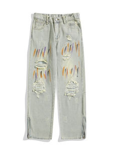 กางเกงขาตรงเอวสูงของผู้ชายกางเกงยีนส์ผ่าสูงลายกราฟฟิตี้แนวสตรีทเน้นความโดดเด่นสำหรับขอทานไซส์ใหญ่พิเศษ - Product Image 3