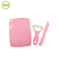 Ensemble de 3 pièces : mini couteau de cuisine en céramique, éplucheur, planche à découper rose, écologique, 15,5x20cm, couteau 13x7,6cm, éplucheur, modèle IMS