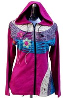 Blouson d'été pour femme en coton écologique respirant, à capuche zippée, avec broderie florale et rayures aux couleurs vives, en peau de mouton tissée