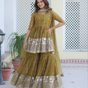 Elegante conjunto de Sharara brillante completamente cosido Traje de invitado de boda para bodas y fiestas de verano-Ropa india y pakistaní - Product Image 1