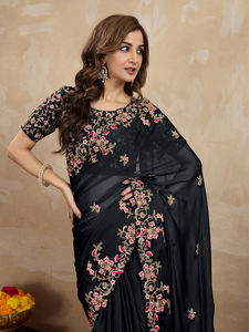 Sari décontracté en soie Rangoli pour femmes Trendmalls, lourdement brodé, pièce de chemisier non cousue (K954-Noir), mariage indien/pakistanais - Product Image 2