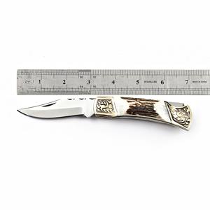 Navaja Plegable de Acero Inoxidable con Mango de Asta de Ciervo, Funda de Cuero Personalizada, EDC de Bolsillo, Grado Industrial, para Caza y Camping - Product Image 2